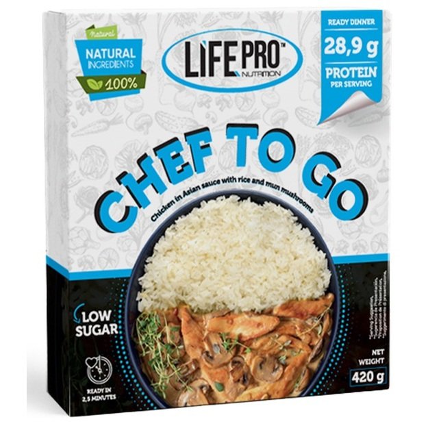 Life Pro Fit Food Chef To Go Vištiena aziliejiškame padaže su ryžiais ir grybais 420g