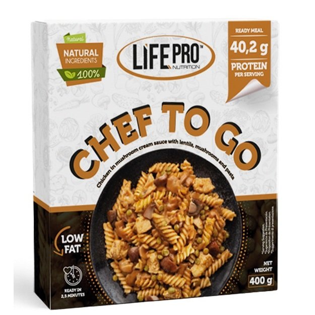 Life Pro Fit Food Chef To Go Vištiena grybų padažę su pupelėmis, grybais ir makaronais 400g
