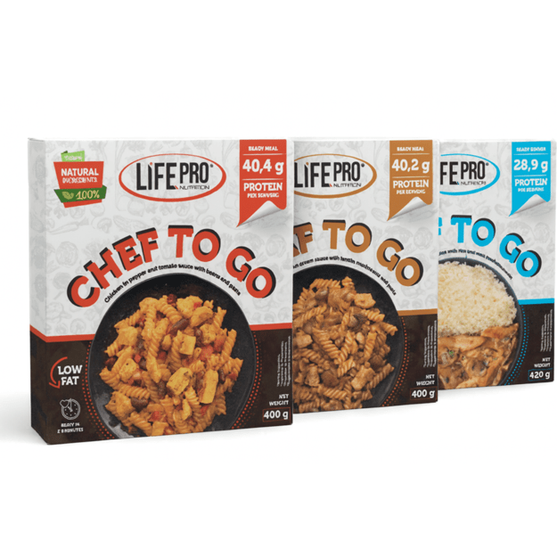 Life Pro Fit Food Chef To Go Vištiena grybų padažę su pupelėmis, grybais ir makaronais 400g