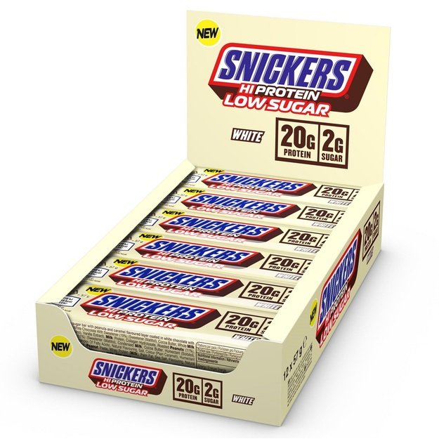 Snickers White Low Sugar HiProtein 57 g – baltyminių batonėlių dėžutė