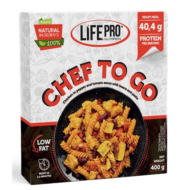Life Pro Fit Food Chef To Go Vištiena su pipirais ir pomidorų padažu su pupelėmis ir makaronais 400g