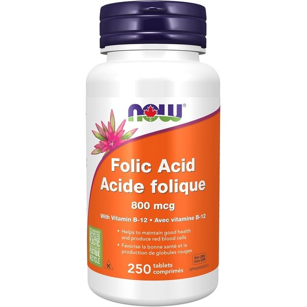 NOW Foods Folic Acid 800 µg su vitaminu B12, 250 tablečių